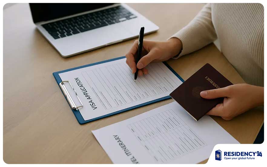 visa application form filling desk passport documents