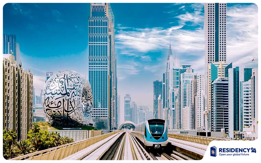 dubai metro with skyline 